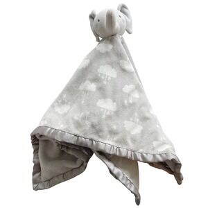 Parents Choice Gray White Clouds Elephant Baby Blanket Satin Trim Plush Lovey